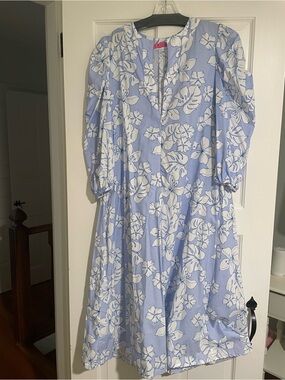 BURU Floral A-Line Midi Dress in Light Blue and White
